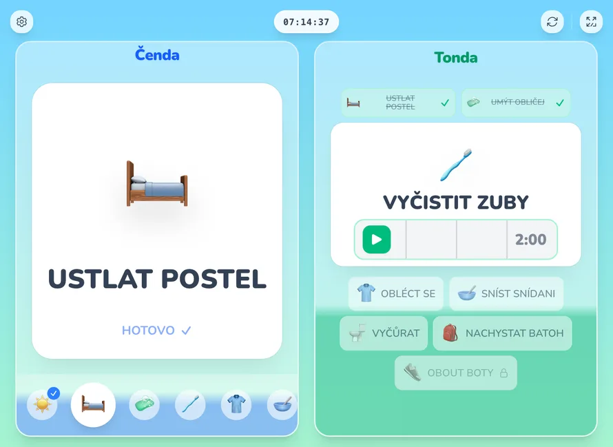 Simple Kids Routine na tabletu: ranní rutiny dvou dětí vedle sebe
