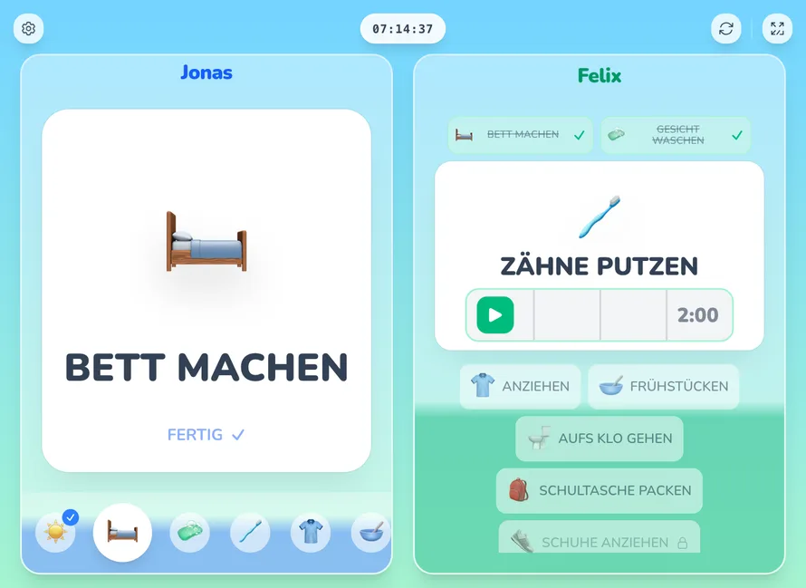 Simple Kids Routine auf einem Tablet: die Morgenroutinen von zwei Kindern nebeneinander
