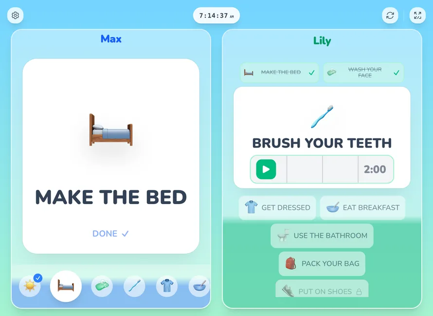 Simple Kids Routine on a tablet: two children’s morning routines side by side